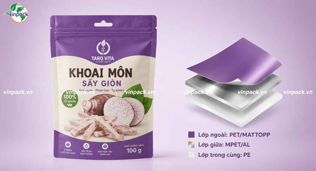 Cấu trúc bao bì khoai môn sấy màng ghép