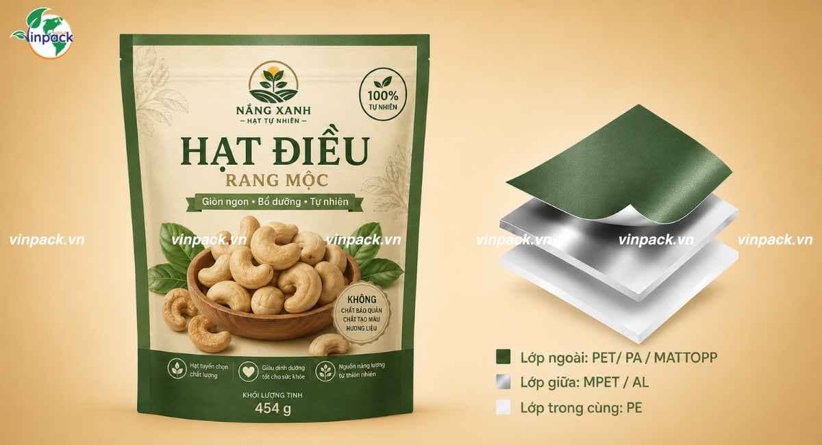 Cấu trúc màng bao bì hạt điều 2 lớp hoặc 3 lớp