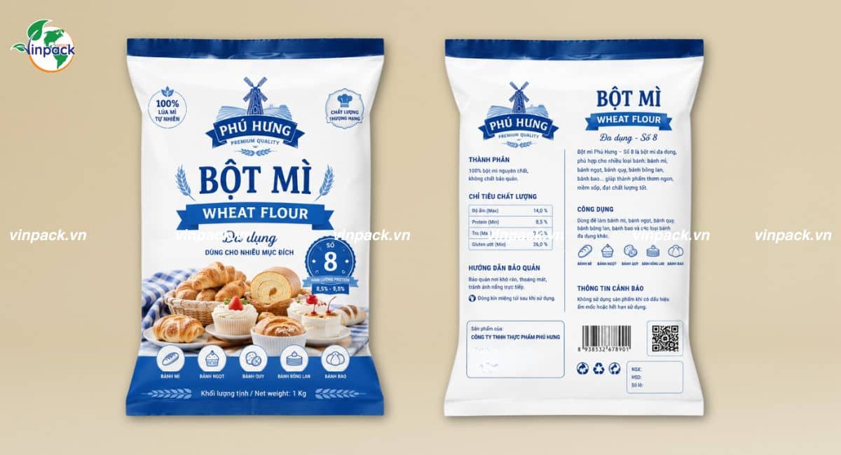 Mẫu bao bì bột mì túi hàn lưng giữa in theo yêu cầu