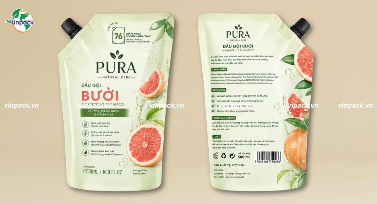 Mẫu bao bì dầu gội đầu refill in trục đồng sắc nét