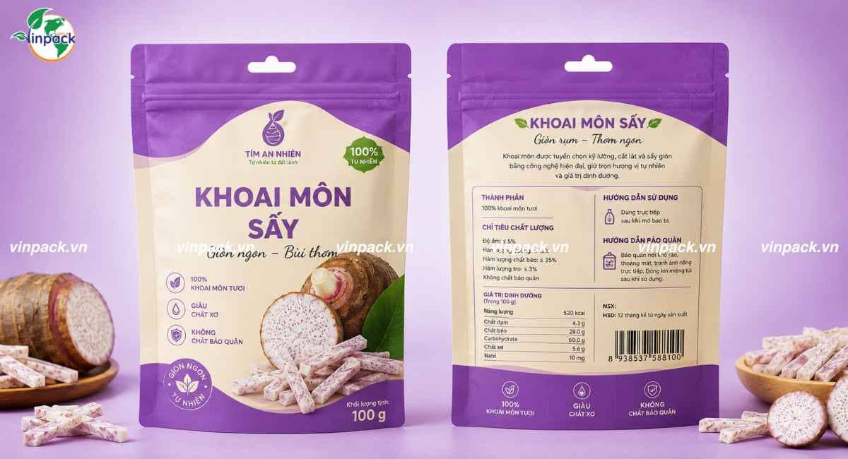 Mẫu bao bì khoai môn sấy 100g túi zip đáy đứng đục lỗ treo