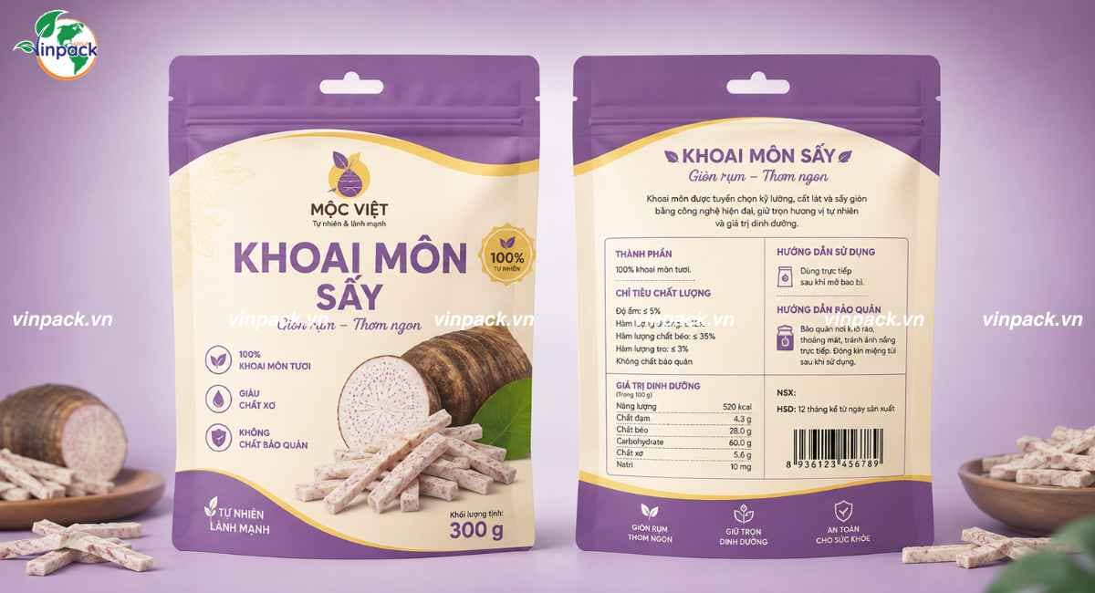 Mẫu bao bì khoai môn sấy 300g đáy đứng đục lỗ treo in trục đồng theo yêu cầu
