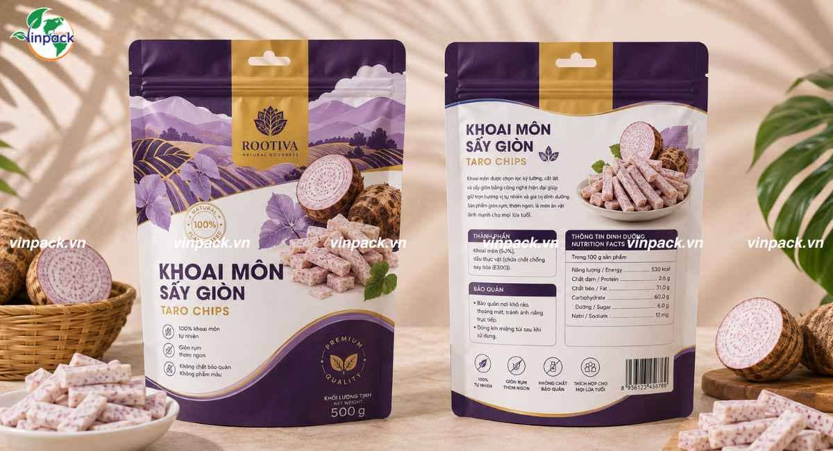 Mẫu bao bì khoai môn sấy 500g có zipper tiện lợi