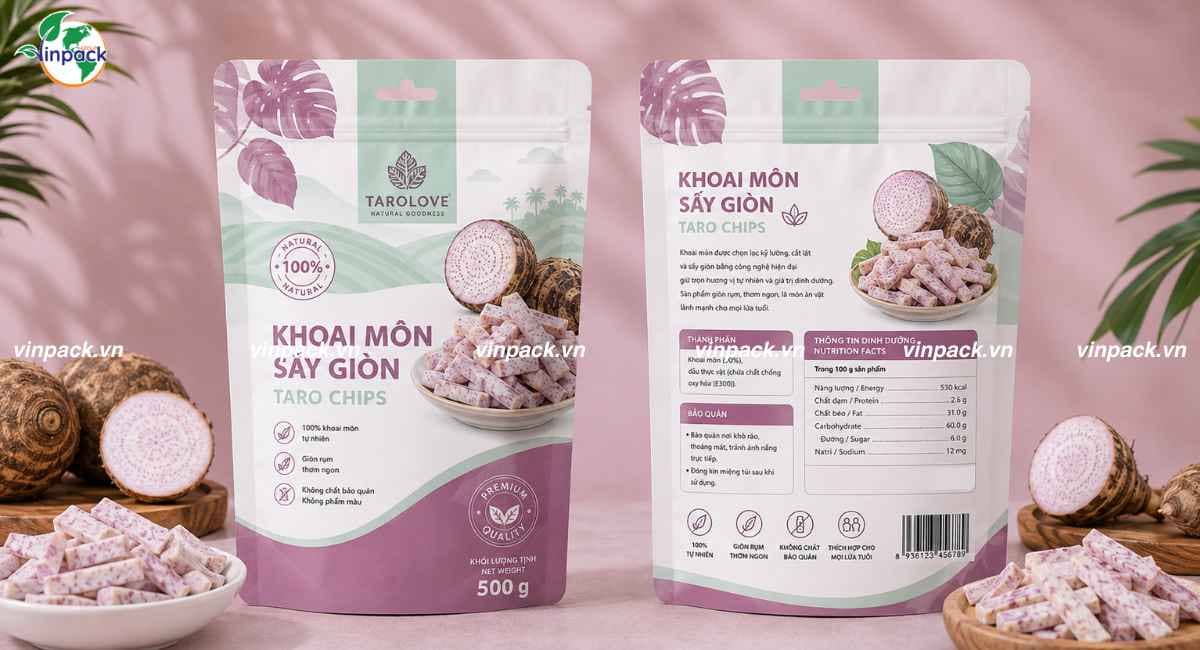 Mẫu bao bì khoai môn sấy in trục đồng sắc nét