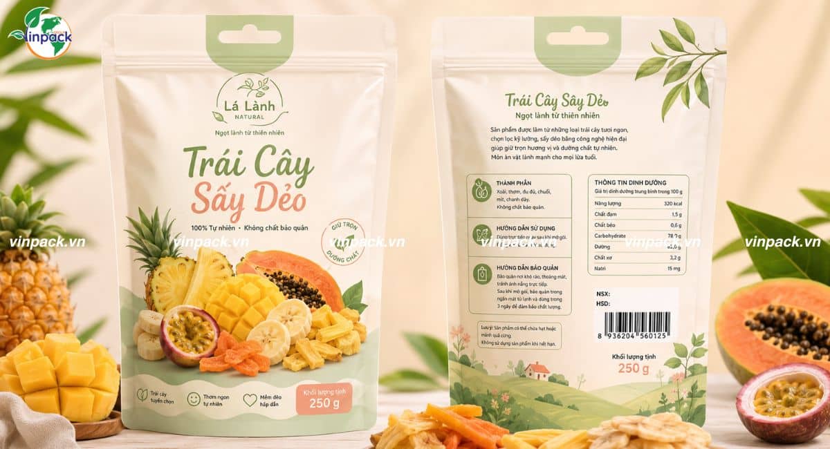 Mẫu bao bì trái cấy sấy dẻo dục lỗ treo