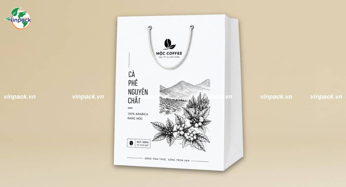 Mẫu túi giấy đựng cà phê có quai in 2 màu đơn giản