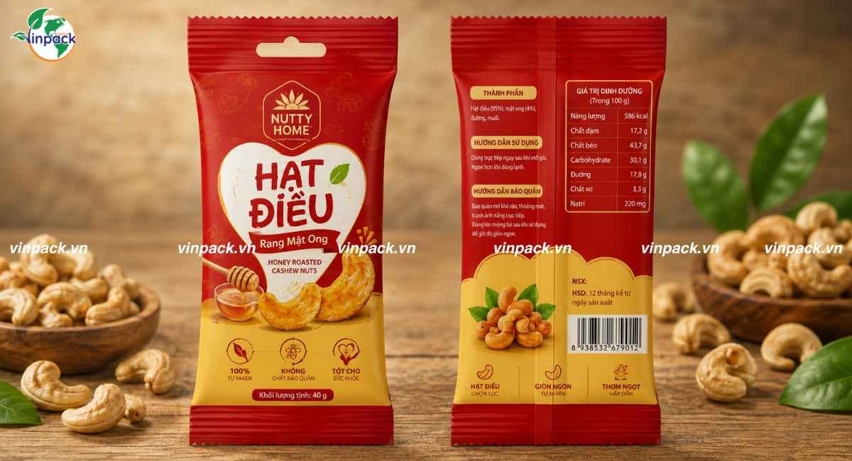 Mẫu bao bì hạt điều túi hạt lưng giữa dạng ăn liền