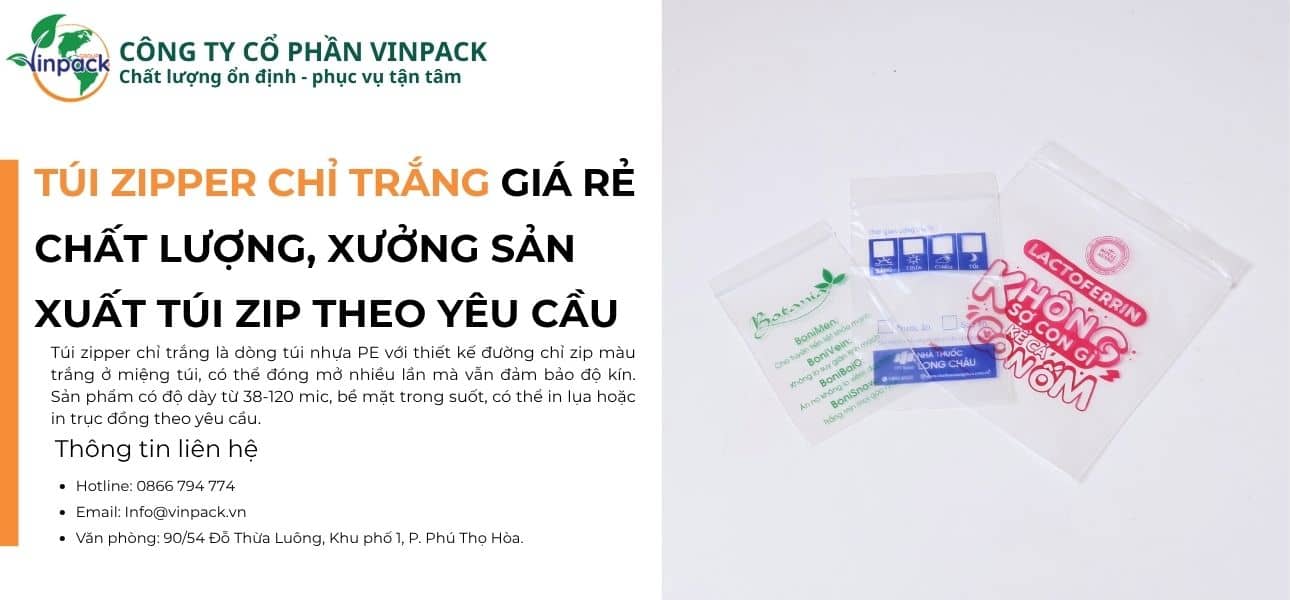 Túi zipper chỉ trắng tại Vinpack