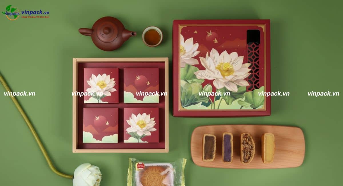 Mẫu hộp giấy đựng bánh trung thu màu đỏ thẩm