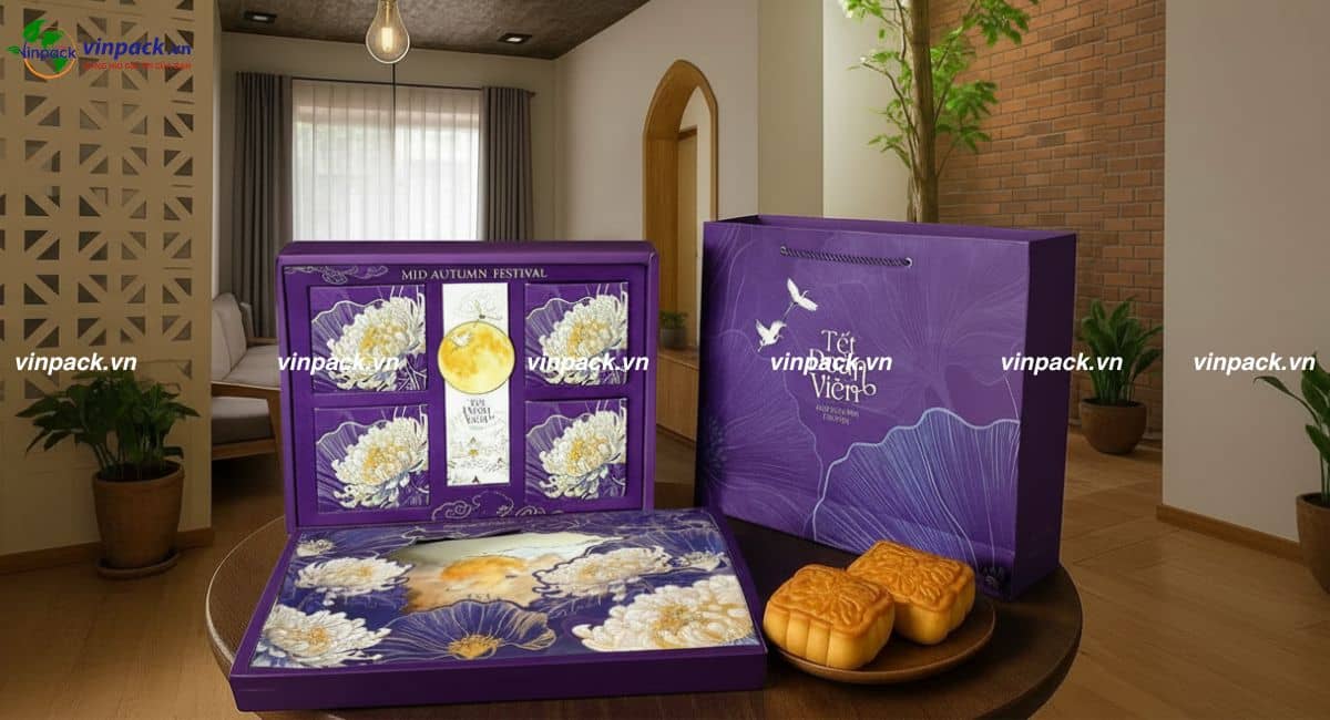 Túi giấy quà tặng bánh trung thu màu tím cao cấp