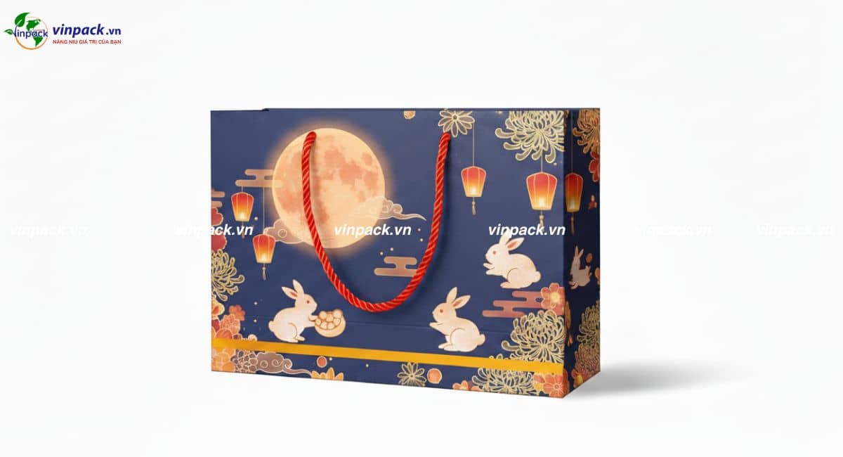Túi giấy đựng bánh trung thu màu xanh đêm trăng sang trọng