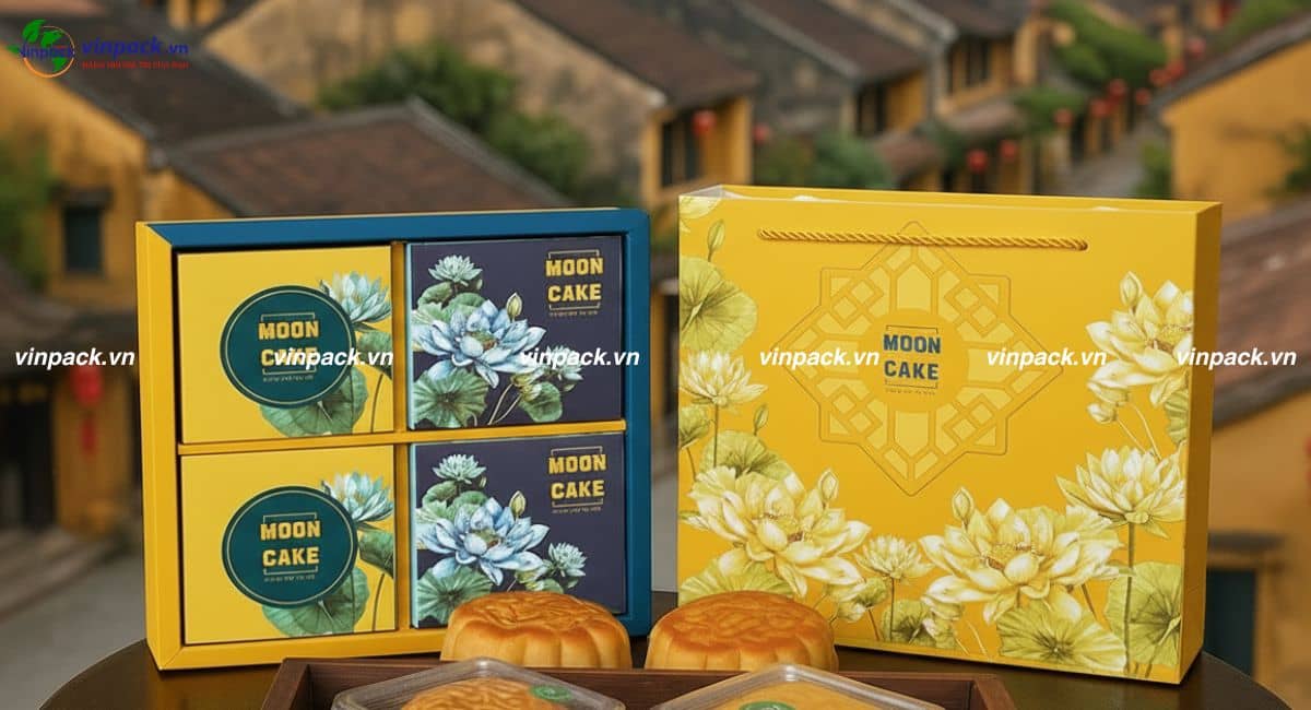 Túi giấy đựng bánh trung thu cao cấp kèm hộp quà màu vàng