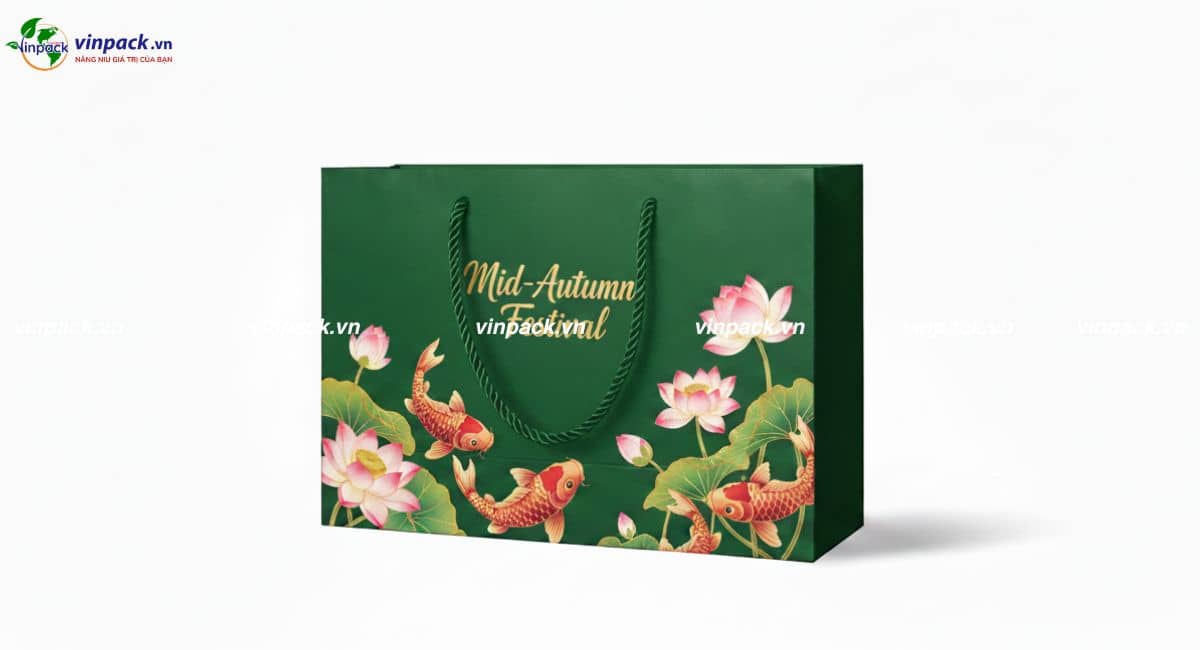 Túi giấy đựng hộp bánh trung thu màu xanh lá thiết kế hoa sen