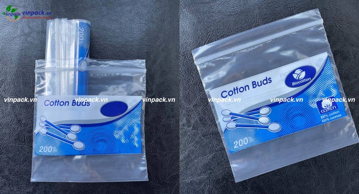 Mẫu túi Zipper đựng tăm bông in trục đồng