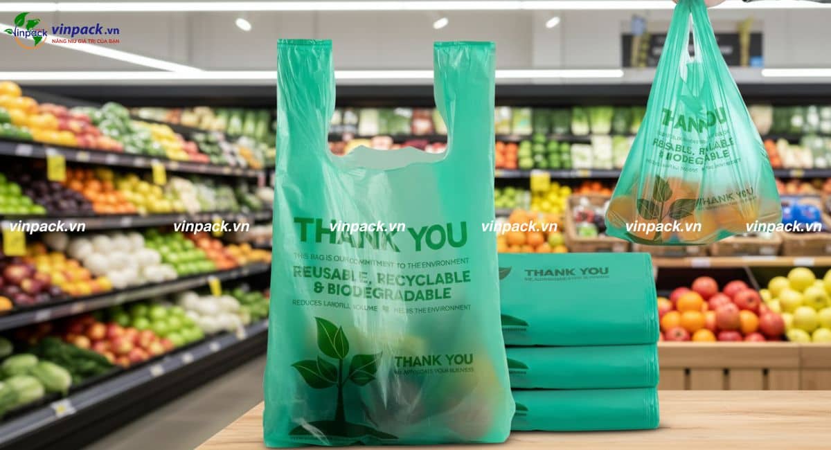 Mẫu túi xốp 2 quai tự hủy sinh học được dùng trong siêu thị