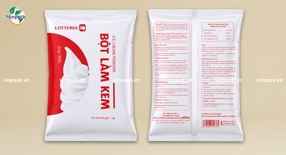 Bao bì đựng bột làm kem Lotteria được Vinpack nhận làm