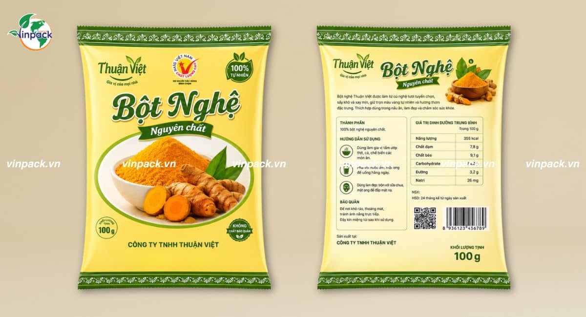 Mẫu bao bì bột nghệ 2 mặt trước sau in trục đồng
