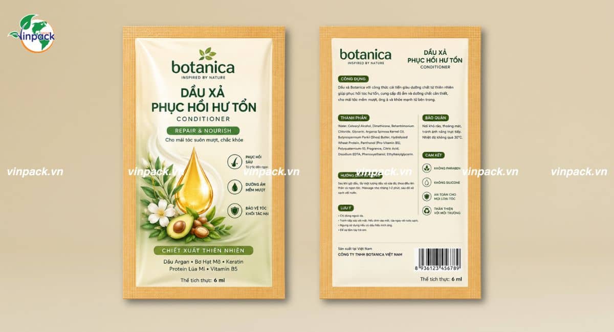 Bao bì dầu xả dạng gói in trục đồng theo yêu cầu