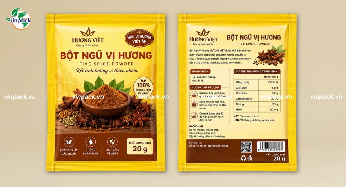 Mẫu bao bì ngũ vị hương loại gói 20g in trục đồng theo yêu cầu