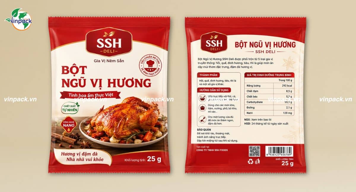 Mẫu bao bì ngũ vị hương gói 25g in logo thương hiệu bắt mắt