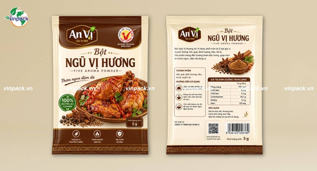 Mẫu bao bì bột ngũ vị hương in trục đồng 2 mặt sắc nét
