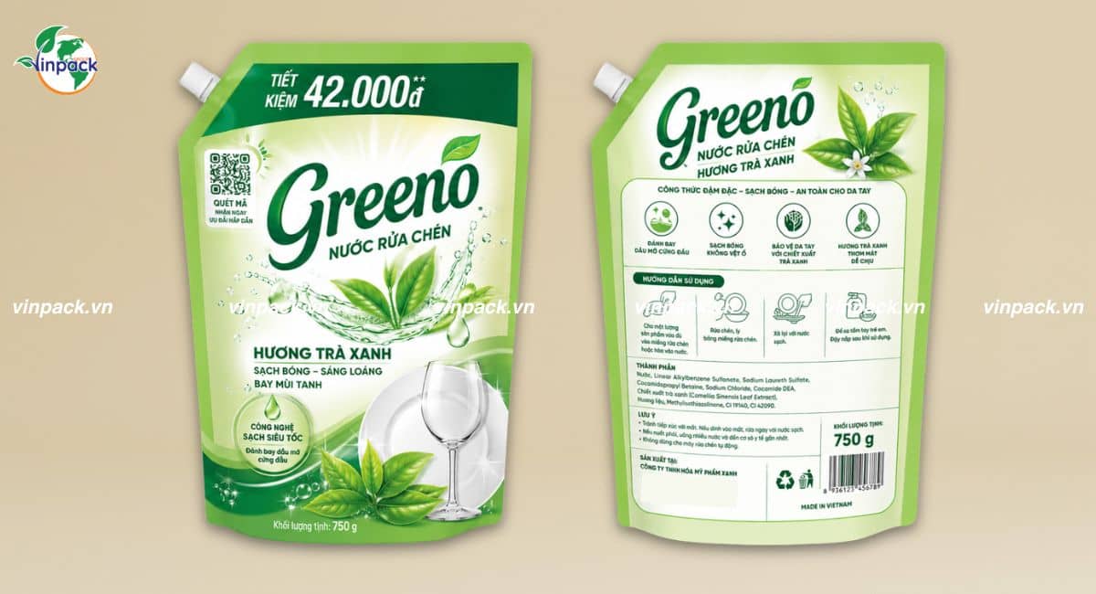 Mặt trước sau của bao bì nước rửa chén được in trục đồng