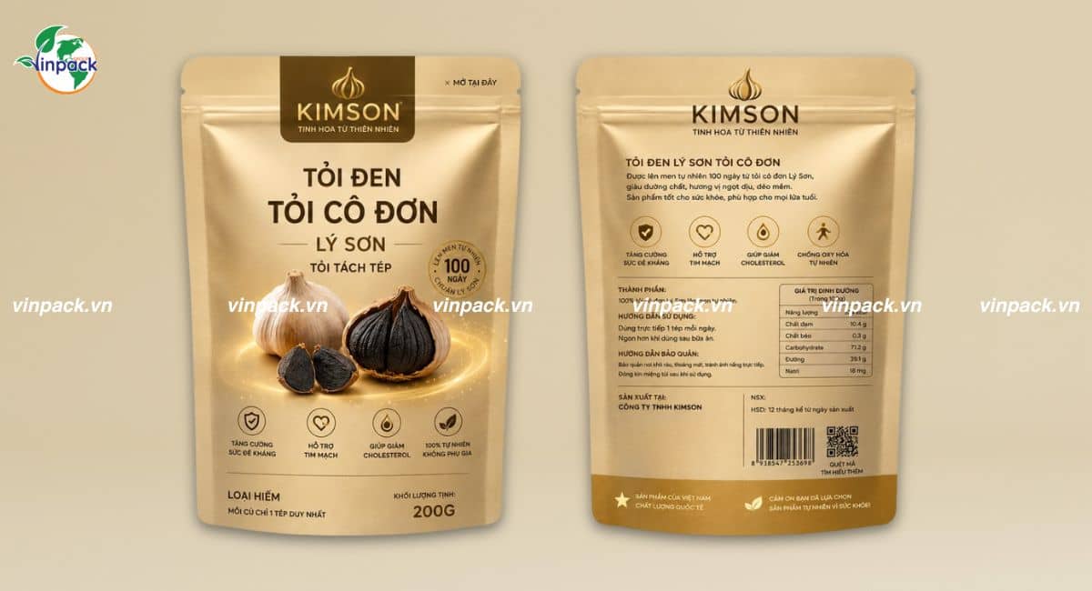 Mẫu bao bì tỏi đen in trục đồng thiết kế đơn giản 2 mặt trước sau