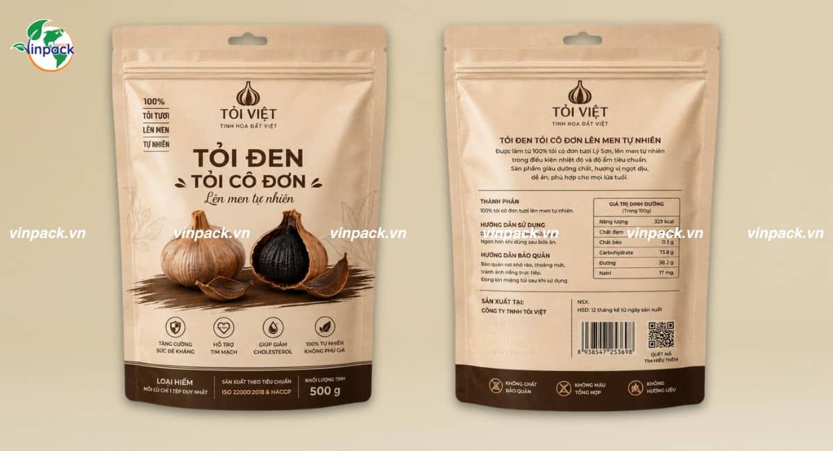 Mẫu bao bì tỏi đen quà tặng in trục đồng đơn giản sắc nét