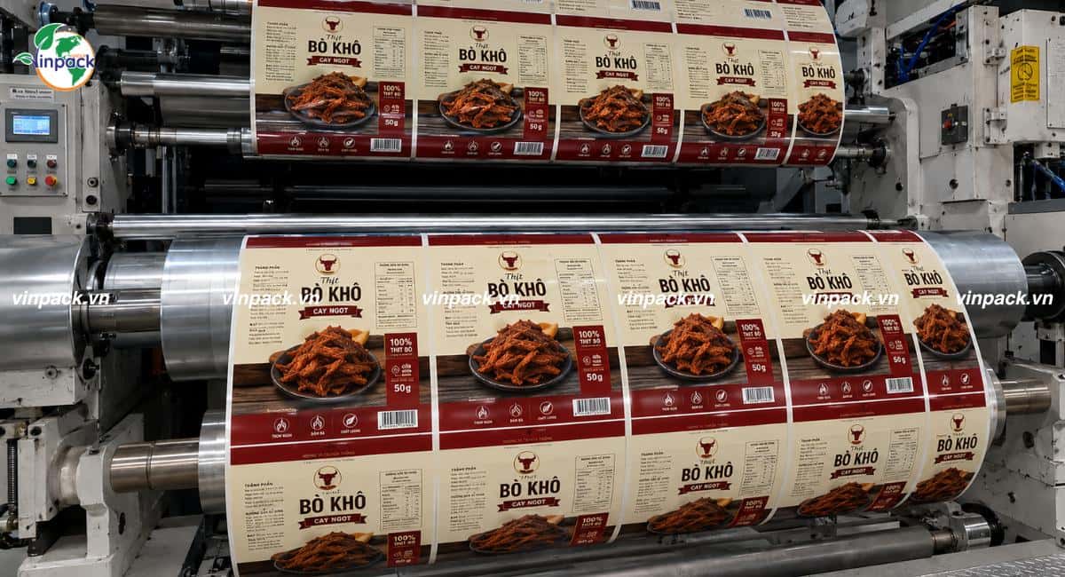 In trục đồng trên bao bì thực phẩm đựng bò khô