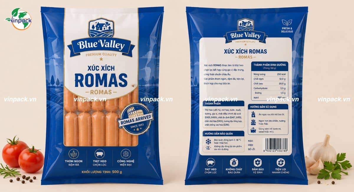Dịch vụ in bao bì xúc xích 2 mặt trước sau