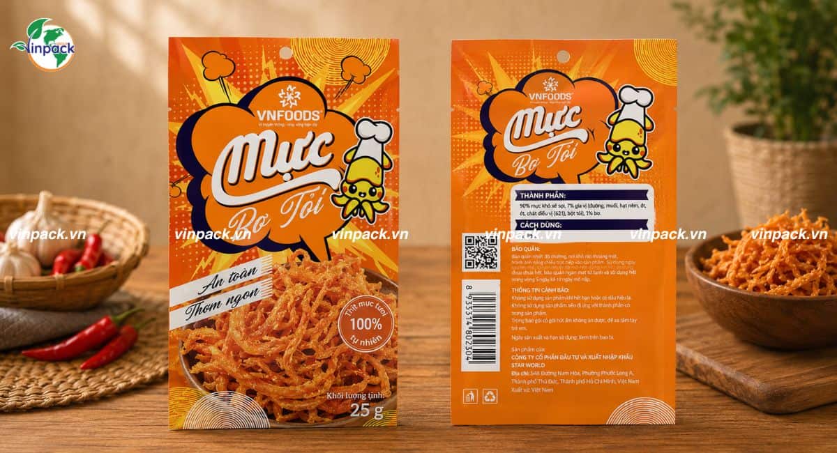 Mẫu bao bì khô mực bơ tỏi in trục 5 màu theo yêu cầu khách hàng