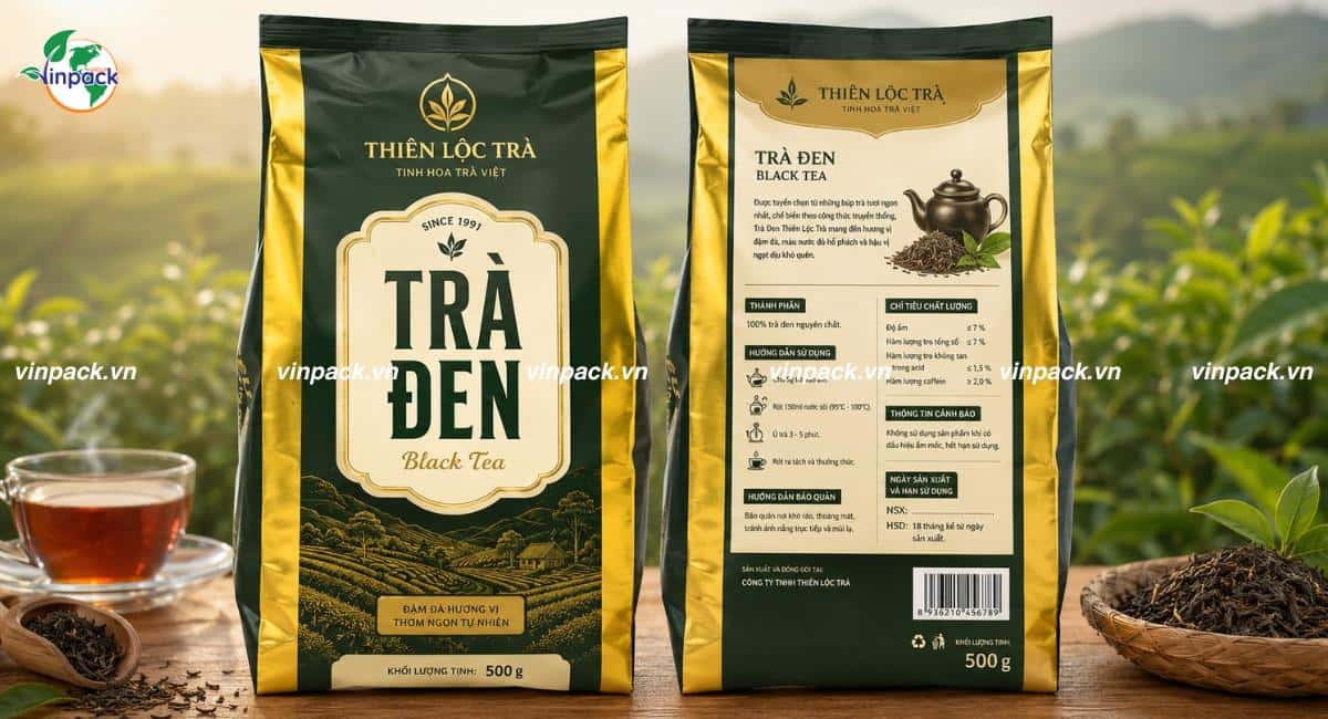 Mẫu bao bì đựng trà đen in trục dồng 3 màu