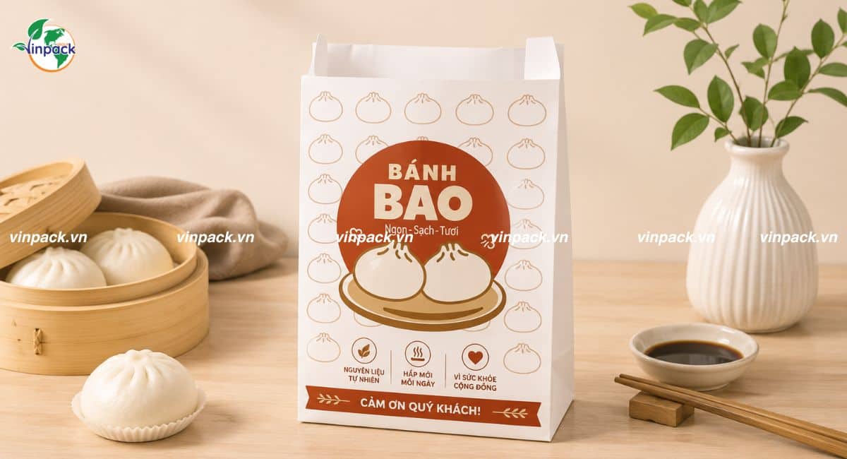 Mẫu túi giấy đựng bánh bao in logo thương hiệu rõ nét
