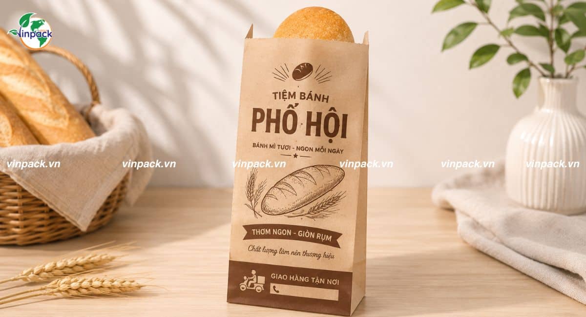 Mẫu túi giấy đựng bánh mì được in thương hiệu rõ nét