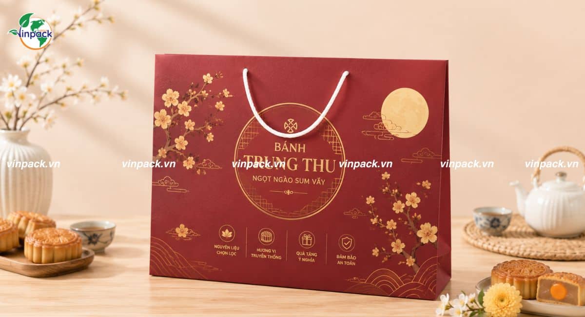 Mẫu túi giấy ivory đựng bánh trung thu được thiết kế đơn giản đẹp mắt