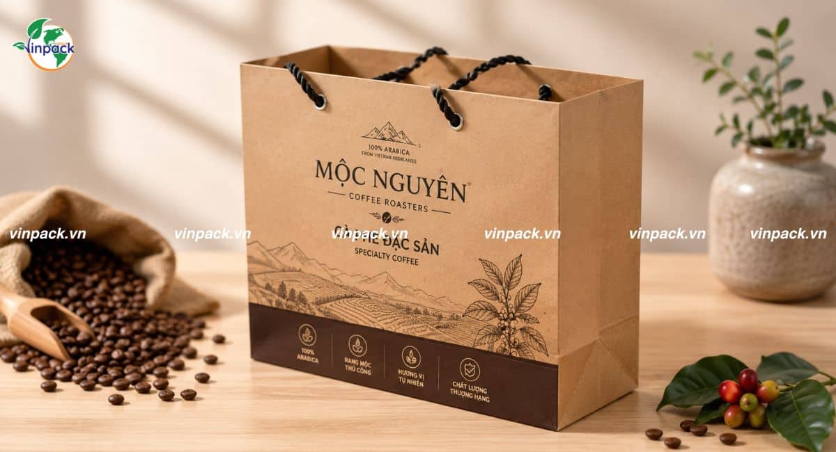 Mẫu túi giấy couche quai xách cao cấp đựng cà phê làm quà tặng cho khách hàng
