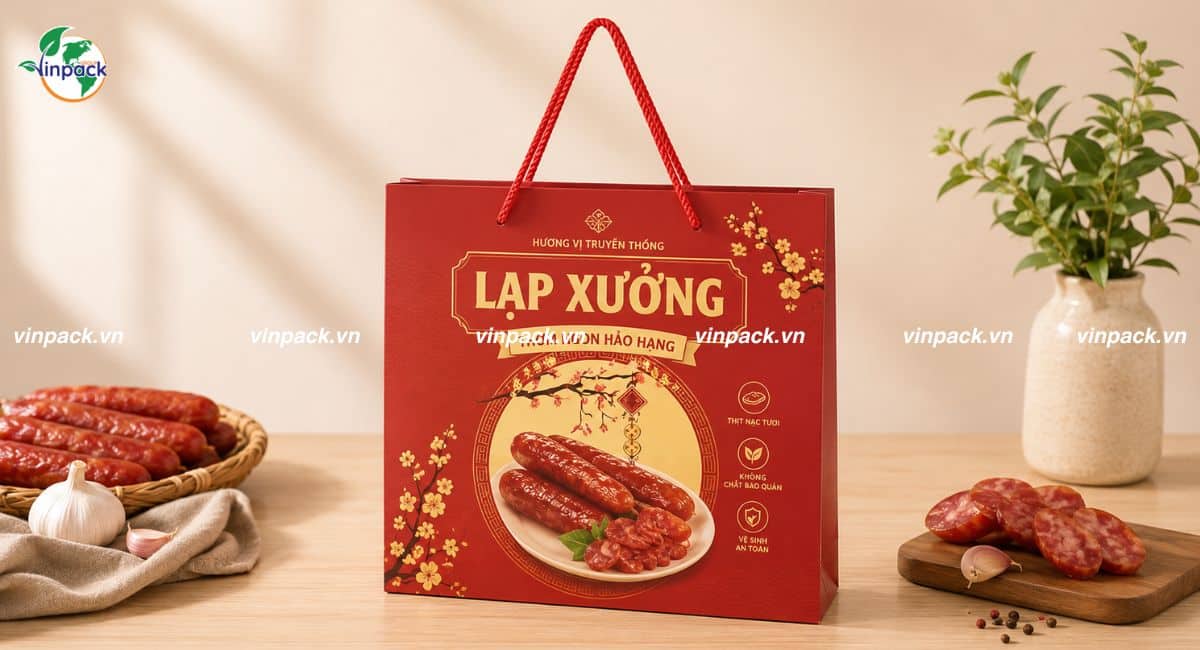 Mẫu túi giấy đựng lạp xưởng có quai xách, gia công dập nổi đẹp mắt