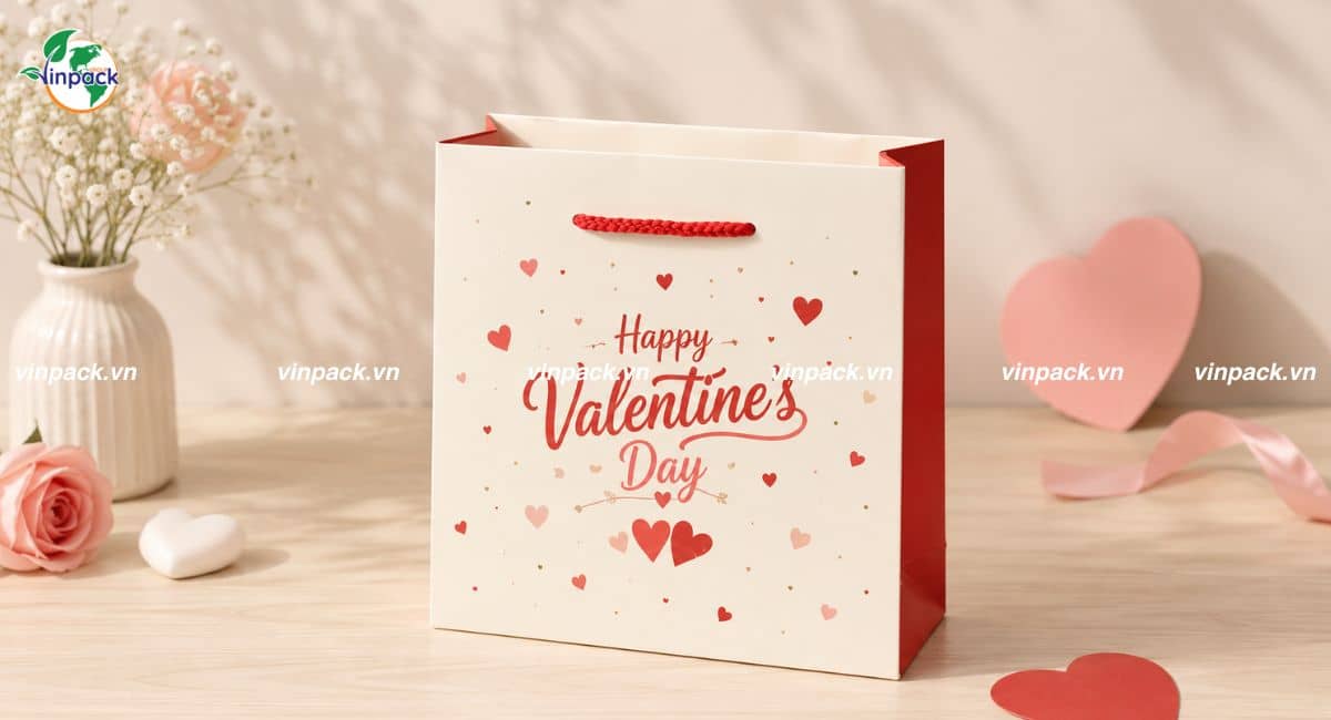 Mẫu túi giấy đựng quà ngày lễ tình nhân đục lỗ xoài quai xách tiện lợi