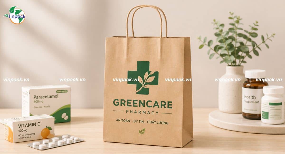 Mẫu túi giấy đựng dược phẩm cho phòng khám, nhà thuốc hướng tói bao bì xanh