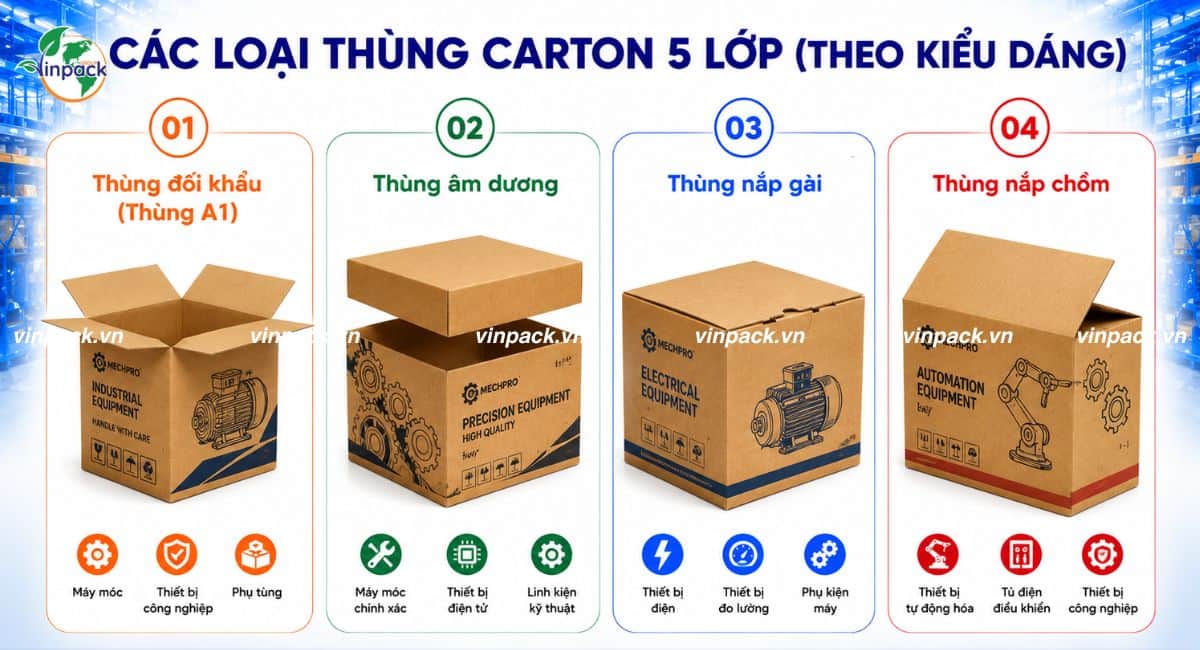 Phân loại các thùng carton 5 lớp theo kiểu dáng