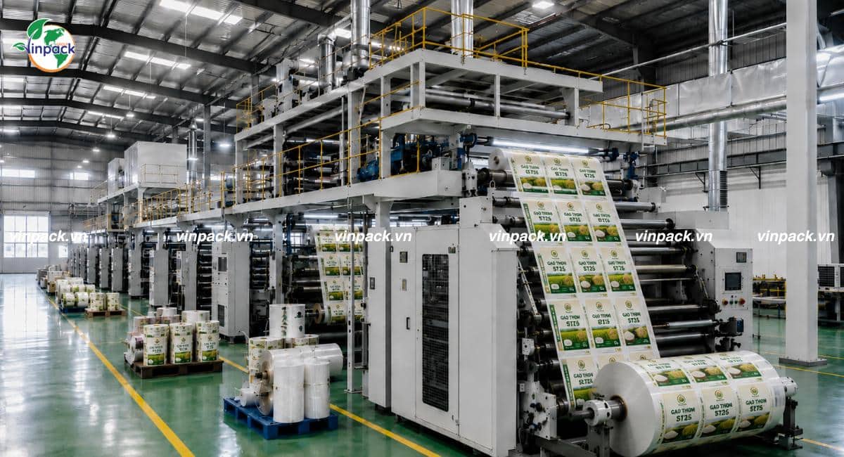 Máy sản xuất bao bì thực phẩm tại xưởng 8000 mét vuông của Vinpack