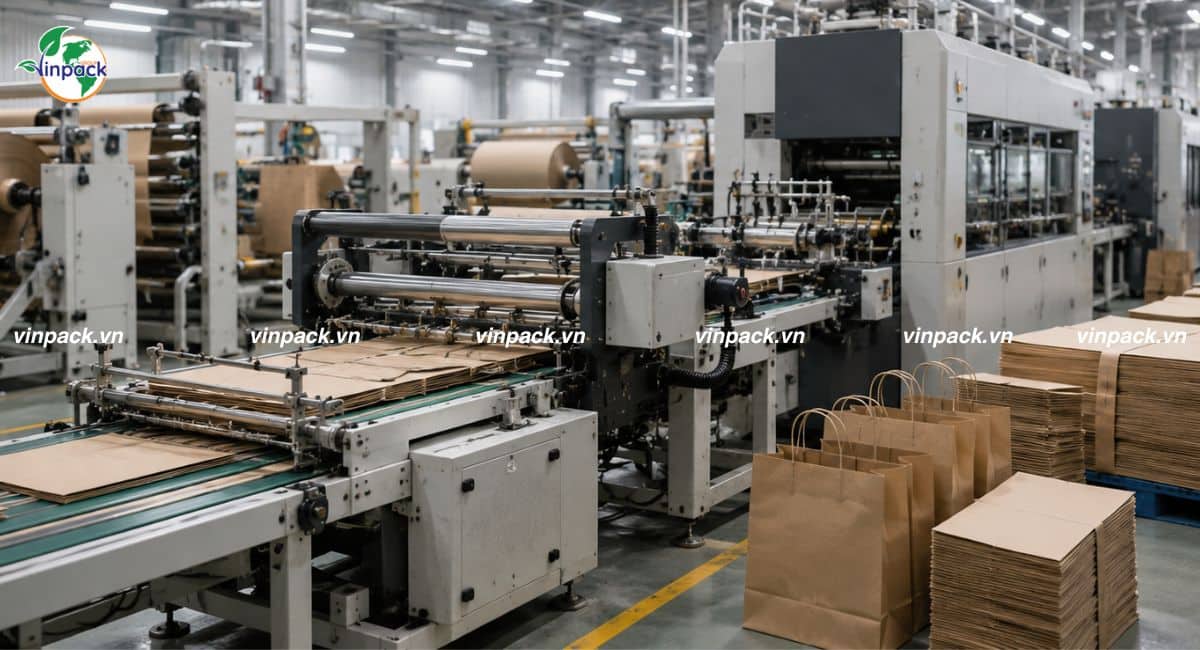 Hình ảnh máy móc đang sản xuất lô hàng túi giấy đựng thực phẩm