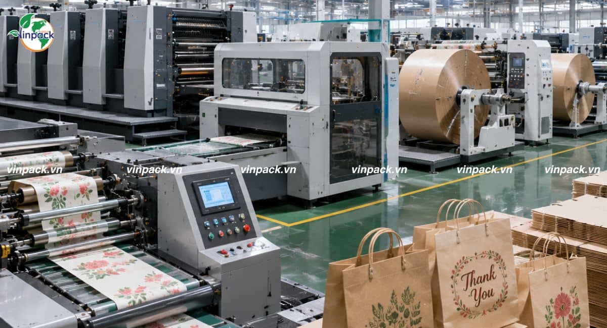 Hình ảnh máy móc sản xuất túi giấy quà tặng tại xưởng 8000 mét vuông của Vinpack