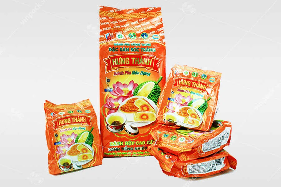 Bao bì bánh Pía kiểu túi xếp hông hàn lưng và bánh bên trong được đóng gói bao bì riêng