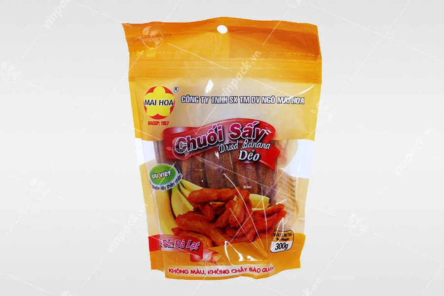 Bao bì chuối sấy dẻo kiểu túi zip nhìn thấy sản phẩm bên trong