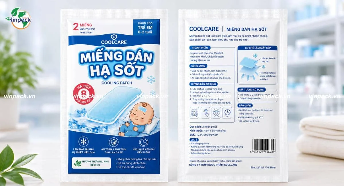 Mẫu bao bì miếng dán hạ sốt được in 2 mặt trước sau