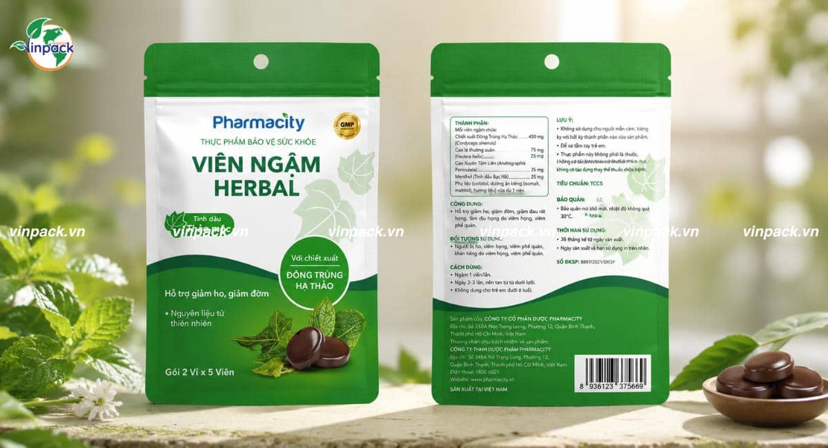 Mẫu bao bì kẹo ngậm ho dược phẩm in 2 mặt rõ nét trước sau