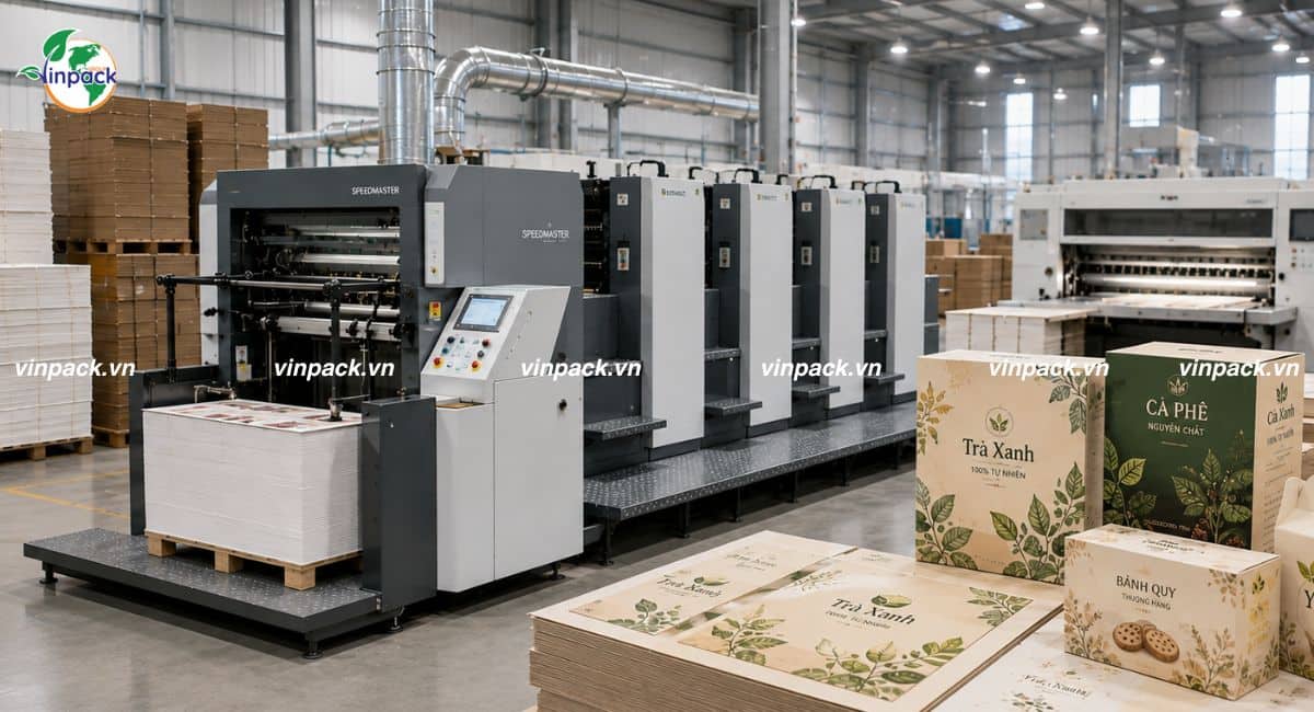 Hình ảnh máy móc sản xuất in ấn bao bì giấy tại xưởng 8000 mét vuông của bao bì giấy