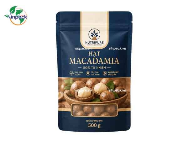 Mẫu bao bì hạt macca in trục đồng cao cấp có khoa zipper tiện lợi