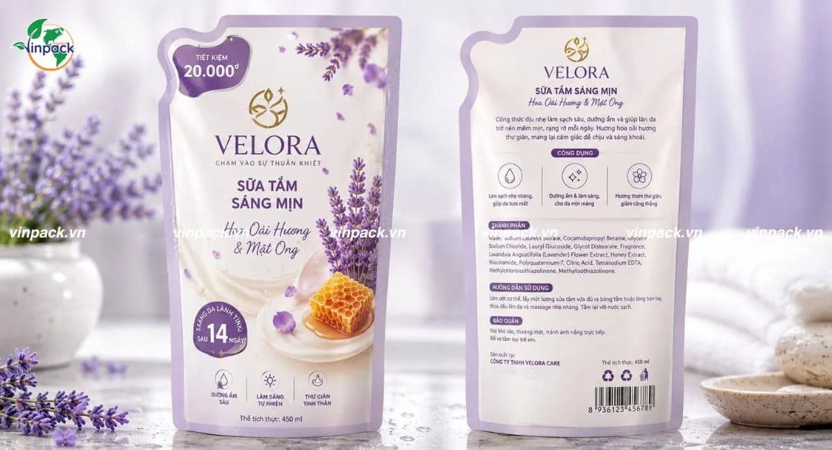Mẫu bao bì sữa tắm túi refill in rõ 2 mặt